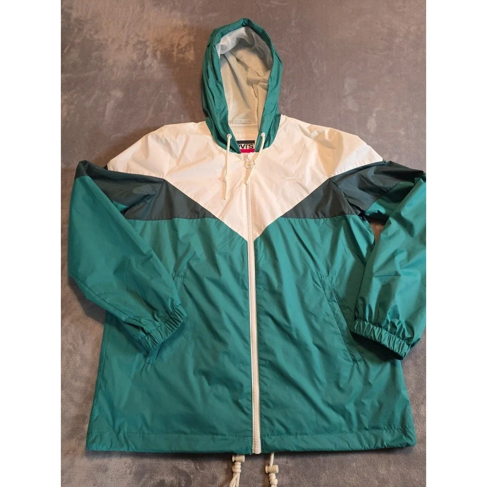 Levi's Windbreaker Rain Jacket Women's S Embroidered Green Grey White Elastic...